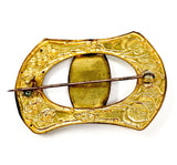 Antique Art Nouveau Era Ruby Red Glass & Gold Plated Floral Ornate Brass Brooch