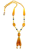 Antique Art Deco Era Czech Amber Faceted Glass Beaded Tassle Necklace