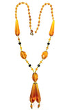 Antique Art Deco Era Czech Amber Faceted Glass Beaded Tassle Necklace