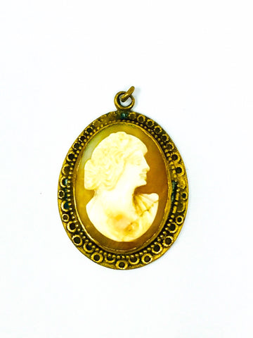 Antique Victorian Era Hand Carved Carnelian Shell & Brass Lady Cameo Pendant