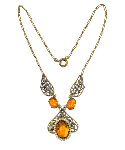 Antique Art Deco Era Amber Czech Glass & Seed Pearl Brass Flower Necklace