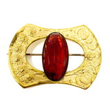 Antique Art Nouveau Era Ruby Red Glass & Gold Plated Floral Ornate Brass Brooch