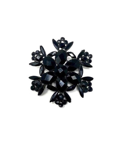 Antique Victorian Era Black Flower/Snowflake Carved Vauxhall Glass Mourning Brooch